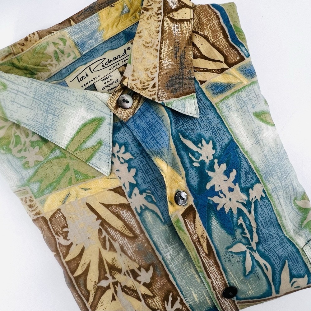 Vintage 90s Tori Richard Honolulu Hawaiian Shirt L Cotton Lawn Patchwork Floral - Picture 15 of 16